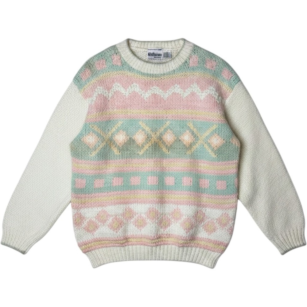 Exclusive Imports Sweater Medium Pastel Pink Blue Fair Isle Hand Knitted Vintage